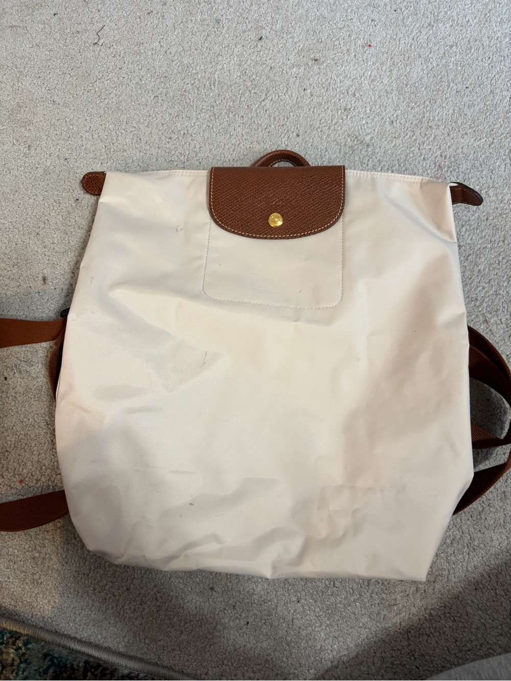 Longchamp Cream Backpack with Brown Leather Trim